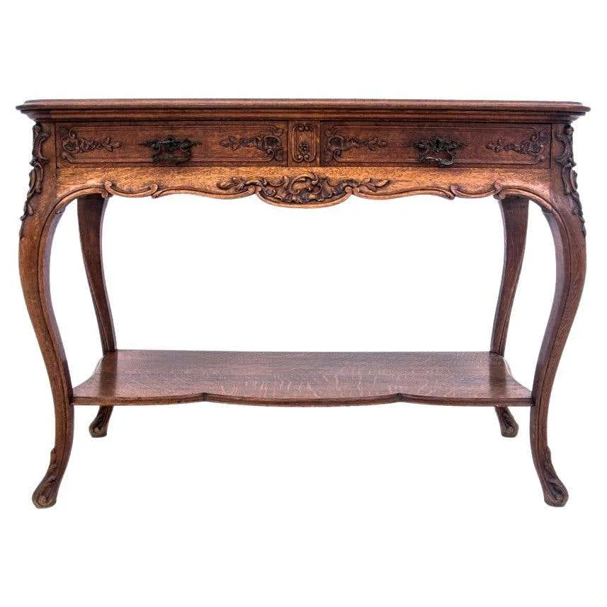 Antique French oak console table with a lower shelf