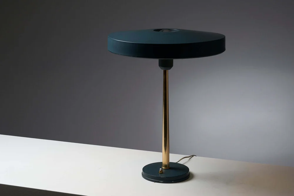 Vintage Louis Kalff Timor table lamp for Philips in dark green and brass