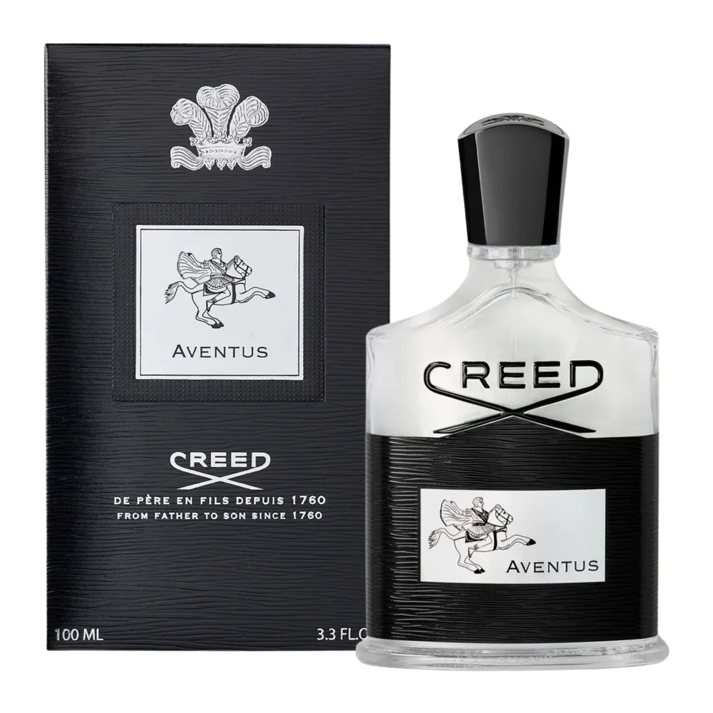 Creed Aventus eau de parfum bottle beside its 100ml black box