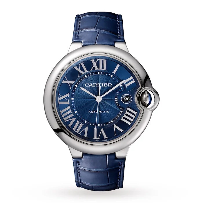 Cartier Ballon Bleu stainless steel watch with blue dial and blue leather strap
