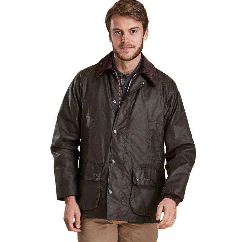 Model wearing an olive Barbour Classic Bedale waxed jacket