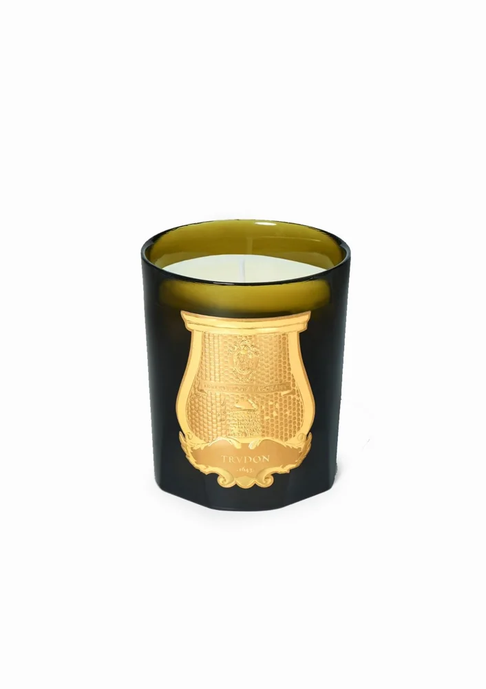 Trudon Abd El Kader classic candle in a dark green glass vessel with gold emblem