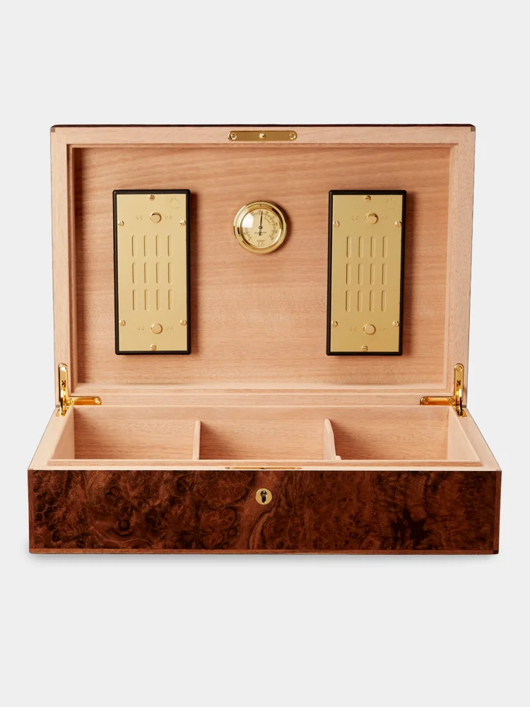 Open Elie Bleu walnut burl humidor with hygrometer