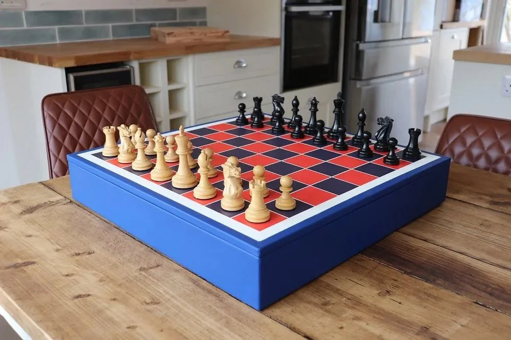 Geoffrey Parker luxury chess set in cobalt blue