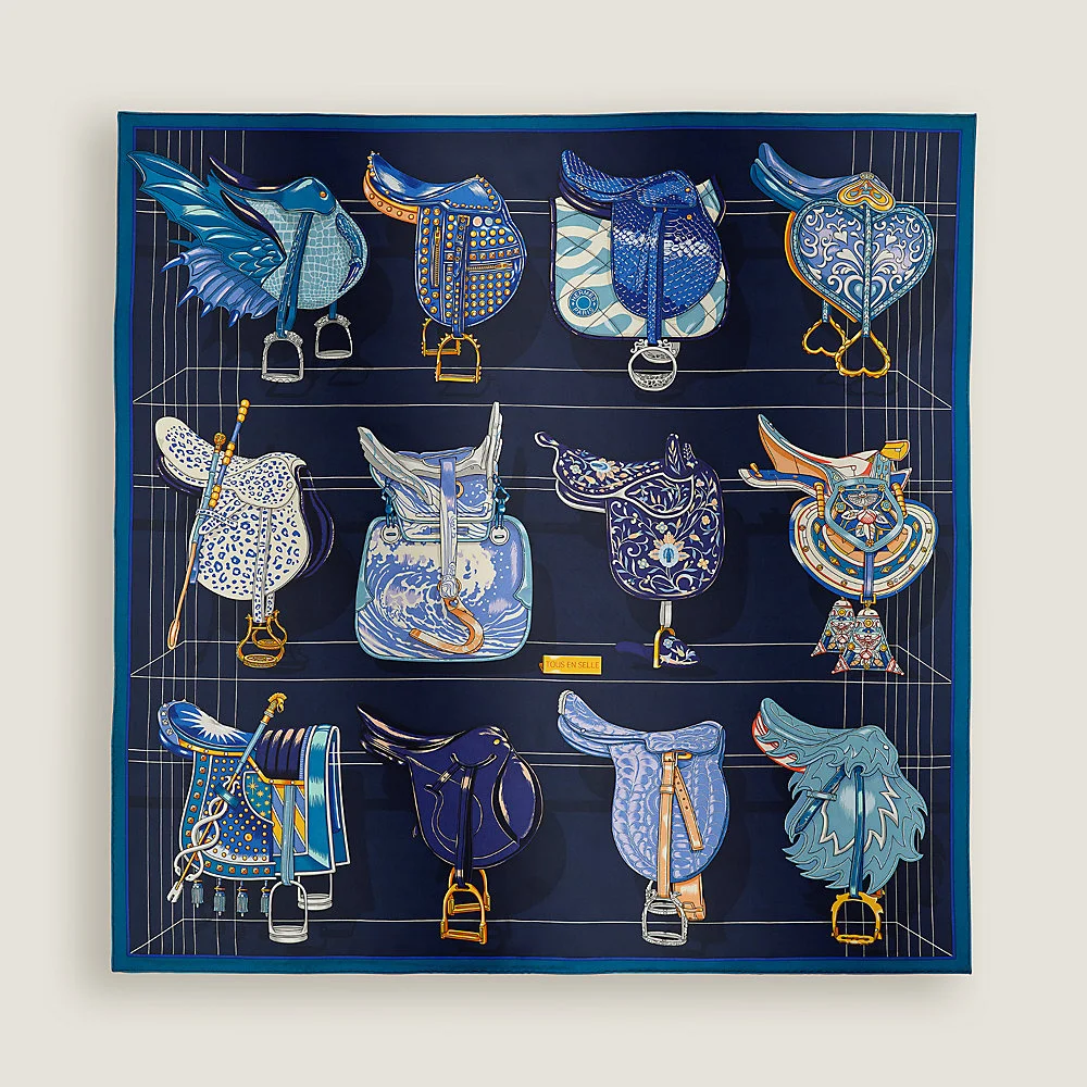 Hermès silk scarf 90; blue saddle-print design shown.