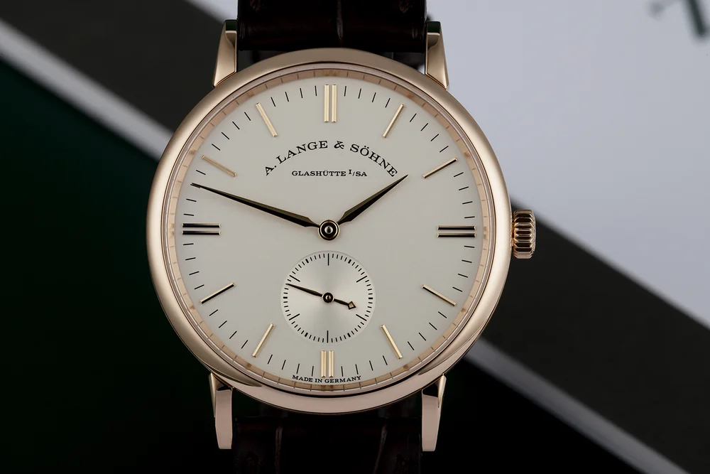 A. Lange & Söhne Saxonia 219.032 in rose gold on a brown leather strap