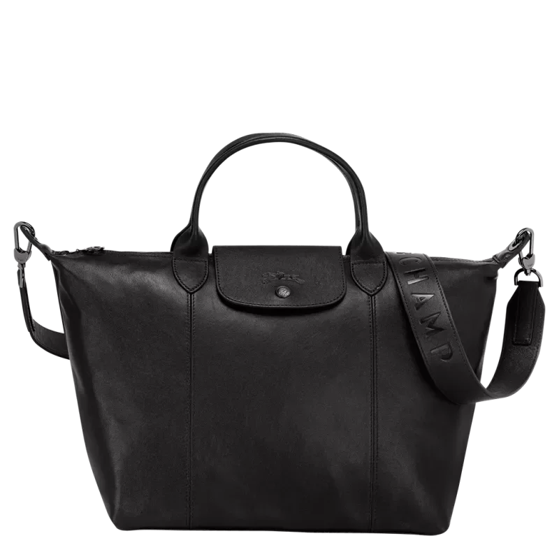 Longchamp Le Pliage Cuir top-handle bag in black leather.