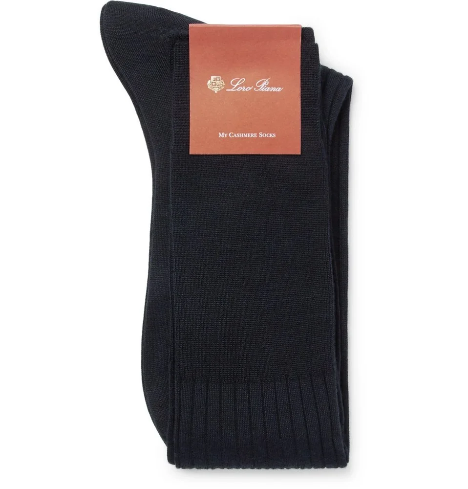 Loro Piana navy ribbed cashmere and silk socks with branded paper band