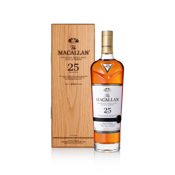 Macallan Sherry Oak 25 Years Old bottle and wooden presentation box