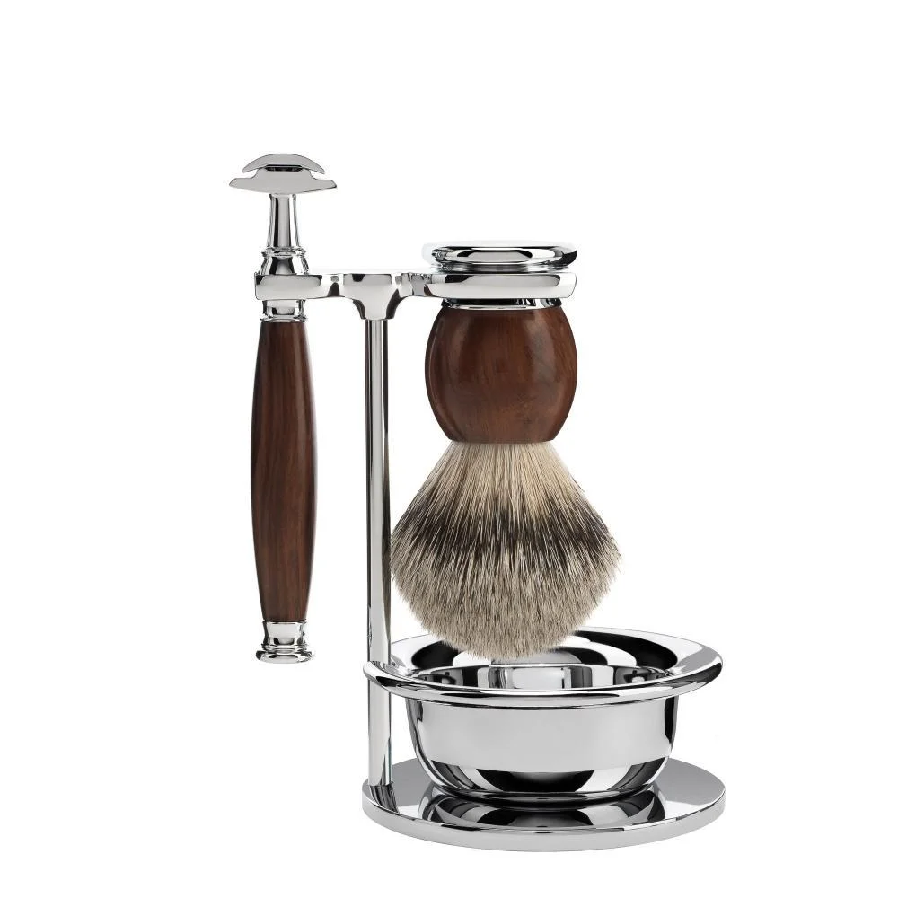 Mühle Sophist ironwood shaving set with silvertip badger brush, safety razor, stand and bowl