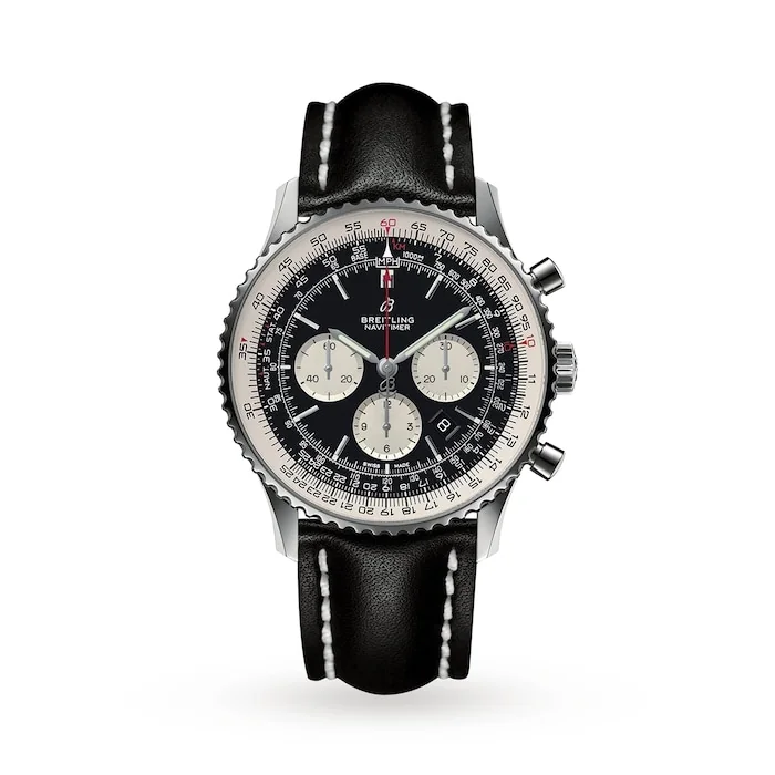 Breitling Navitimer B01 chronograph with black dial and leather strap