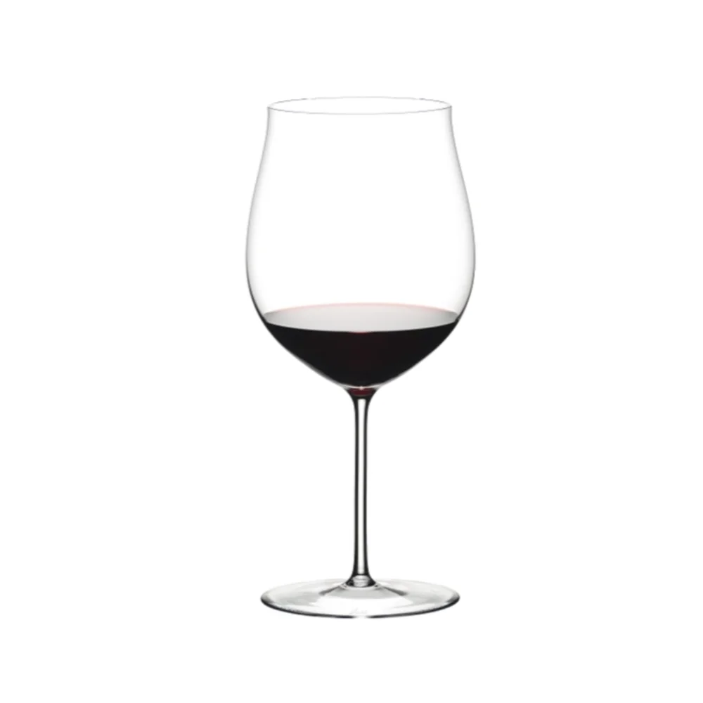 Riedel Sommeliers Burgundy Grand Cru stemmed wine glass holding red wine