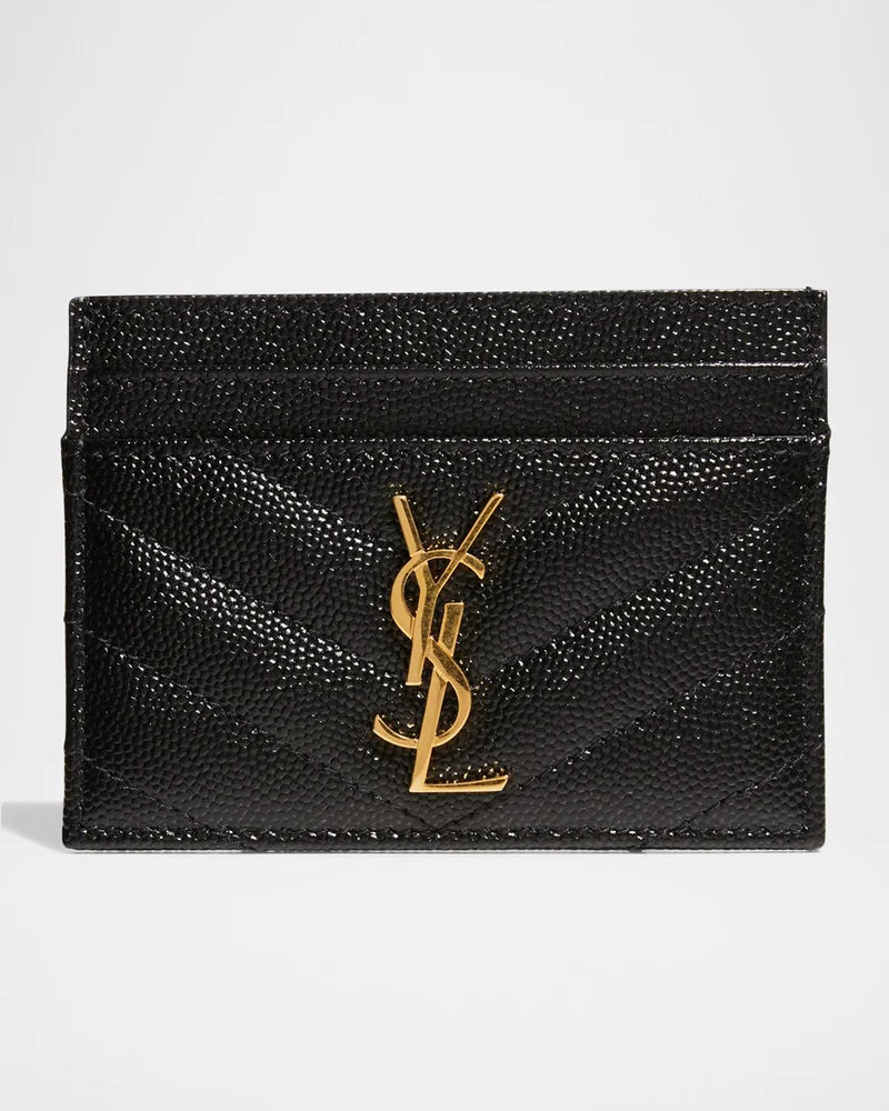 Saint Laurent Cassandre monogram card case in black quilted leather.