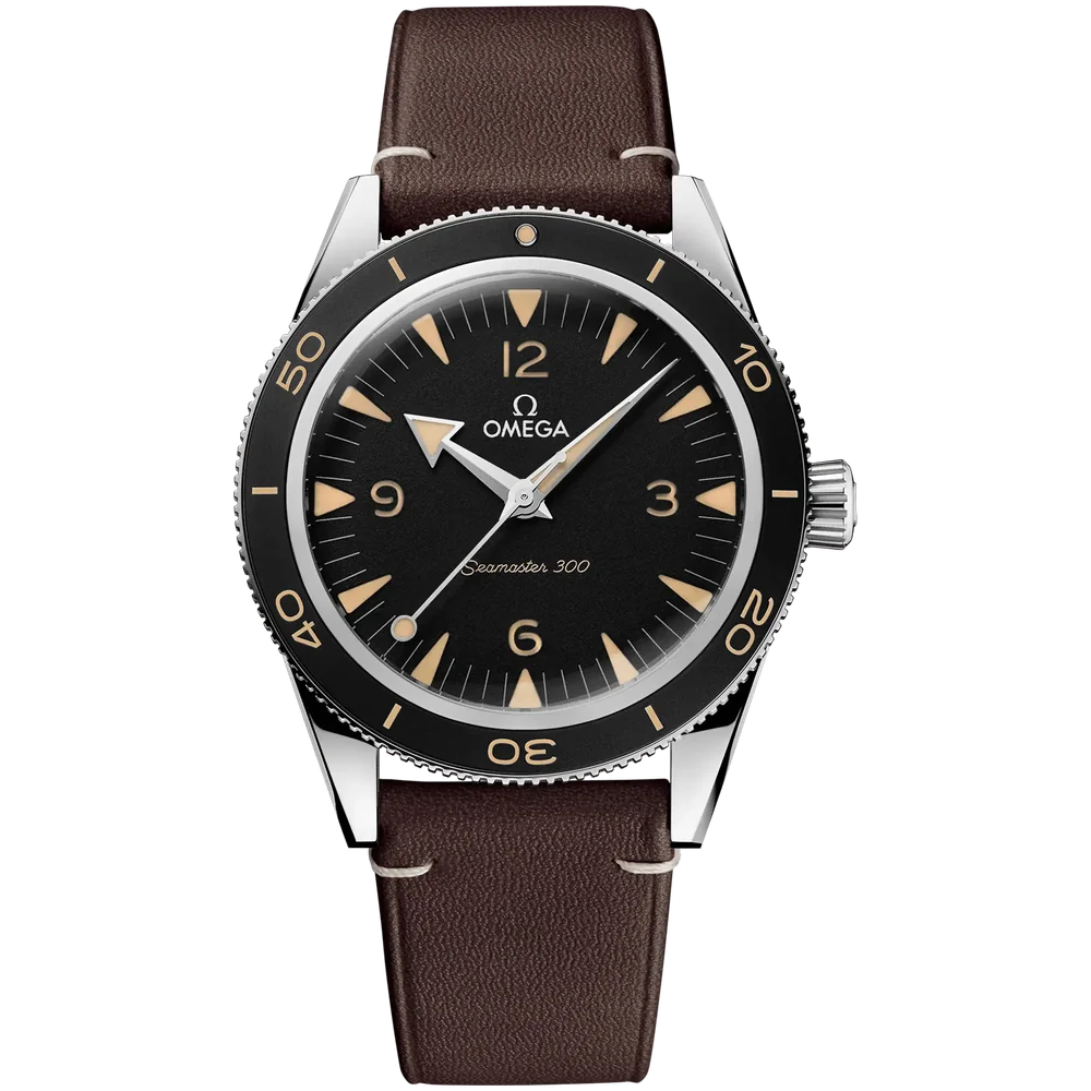 Omega Seamaster 300 with black dial and brown leather strap