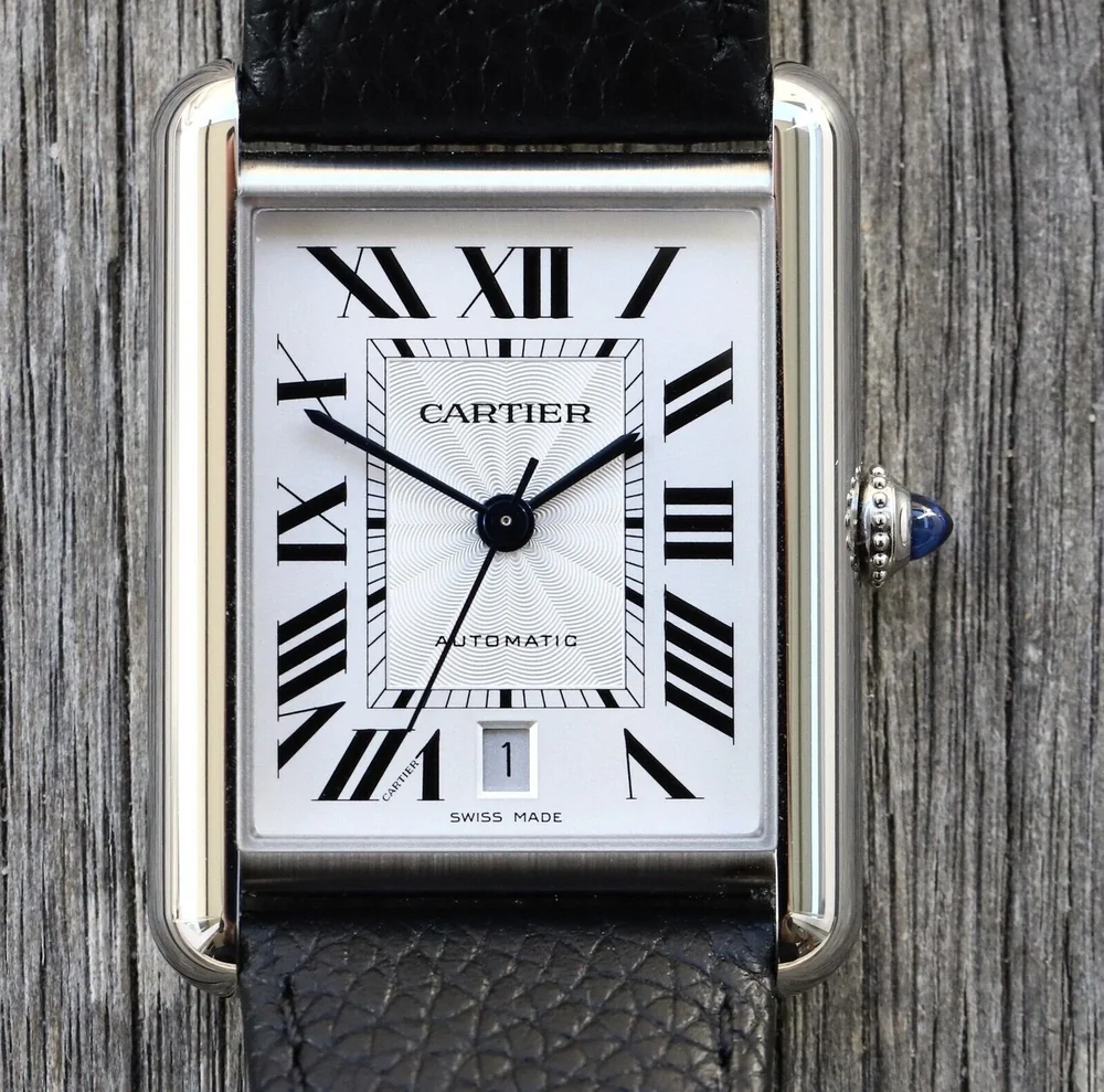 Cartier Tank Must XL watch on black leather strap