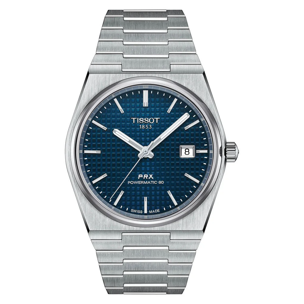 Tissot PRX Powermatic 80, 40 mm with blue dial and steel bracelet.
