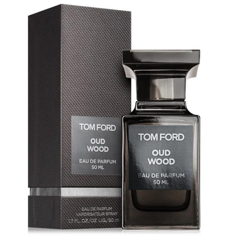 Tom Ford Oud Wood 50ml eau de parfum bottle beside its dark box